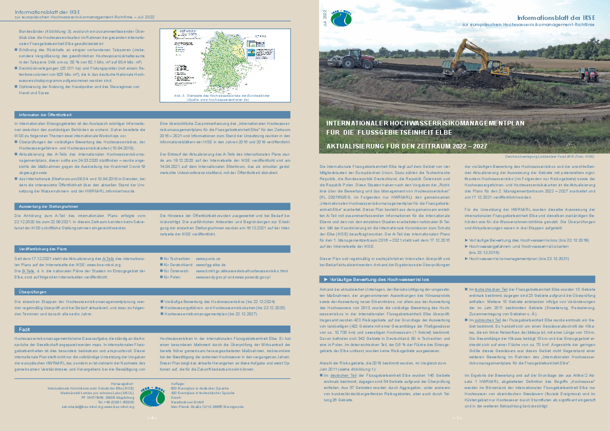 Informationsblatt der IKSE zur europäischen Hochwasserrisikomanagementrichtlinie - Juli 2022, Internationaler Hochwasserrisikomanagementplan für die Flussgebietseinheit Elbe, Aktualisierung für den Zeitraum 2022 – 2027