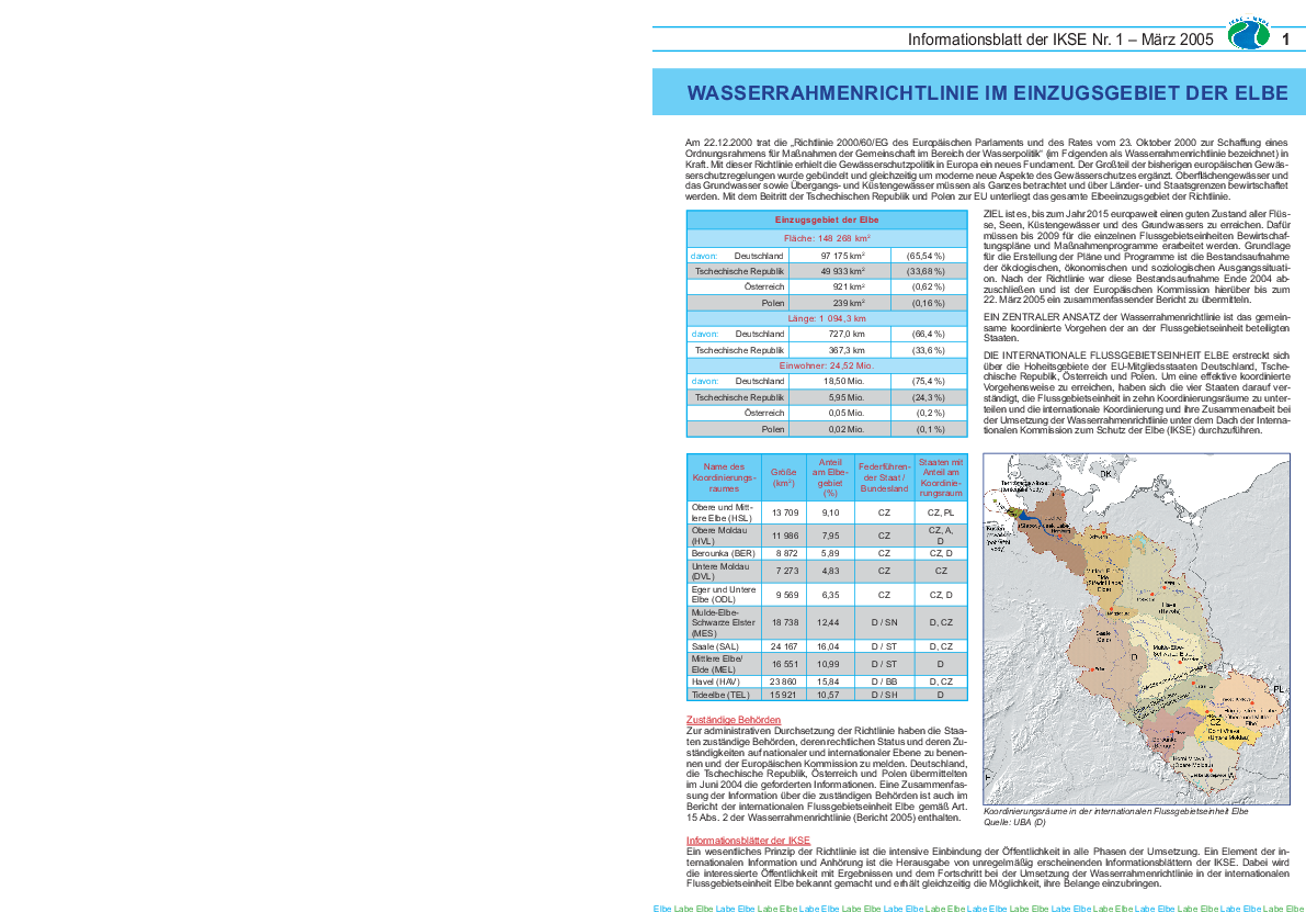 Wasserrahmenrichtlinie im Einzugsgebiet der Elbe – Informationsblatt Nr. 1, März 2005