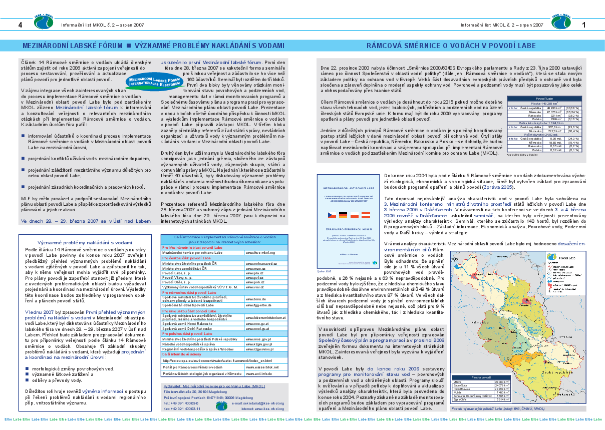 Rámcová směrnice o vodách v povodí Labe - Informační list č. 2, srpen 2007